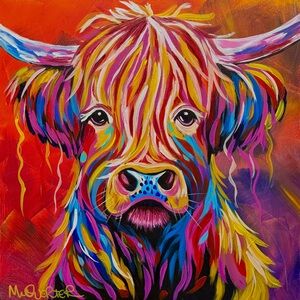 Original Art- Highland Cow Colorful Painting 20x20 - signed by the Artist- Me :)